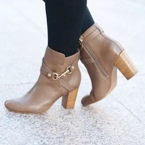 Isola Taupe Leather Booties Stacked Heel With Gold Hardware Size 8